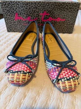 "me too" Pink Multicolor Woven Bow Ballet Flats with Navy Trim 6M LOVE ❤️ NWT